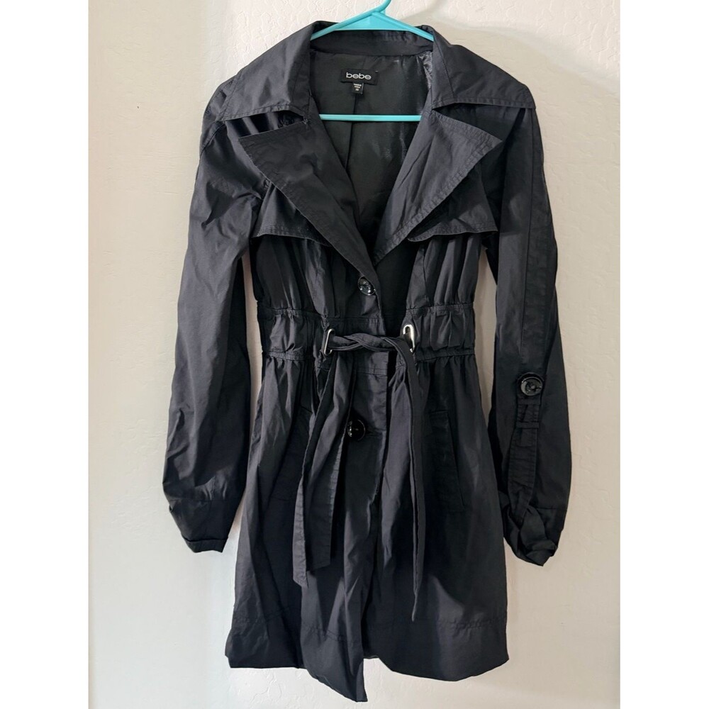 Bebe XS Black Belted Trench Coat Lightweight Cinched Waist Jacket